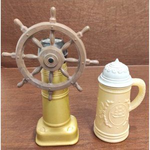 Vintage Old Spice Decanters Tankard Stein And Ship Wheel Set Of 2 Empty Bottles